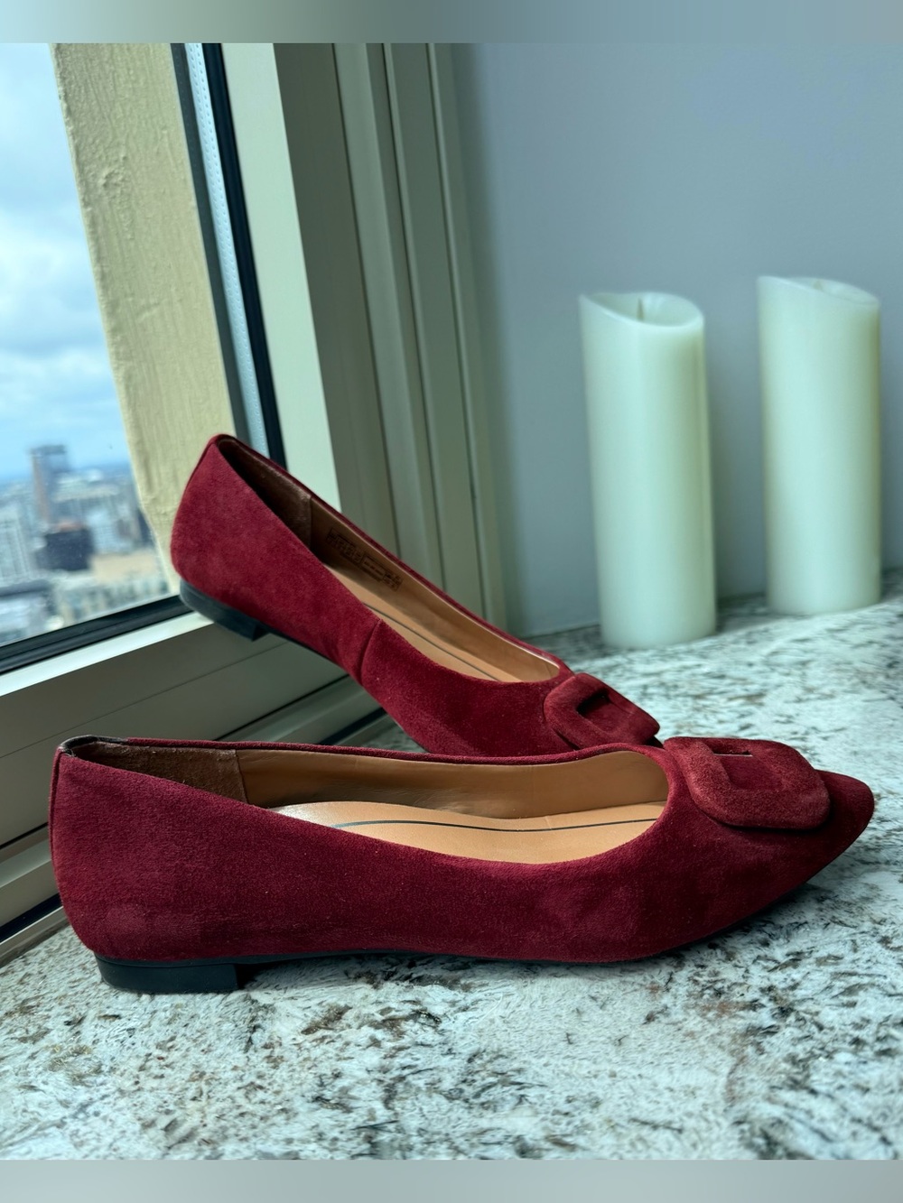 Vionic Amanda Burgundy Suede Ballet Flats with Buckle Detail and Pointed Toe - 7